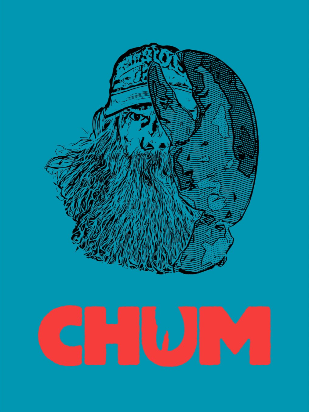 a blue poster for the film 'Chum' the title is written in orange and stylized in a sans serif font that is slightly rounded with a small rounded element portruding out of the bottom of the 'U' into the center of the letter. Above the title is a drawing of a baseball hat clad man with a large beard that stretches all the way up to his sideburns. Half of his face is also obscured by a lobster claw.